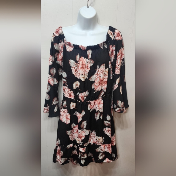 Xhiliration Dress Large Floral Black Pink Lightweight‎ C268Z - Picture 1 of 5